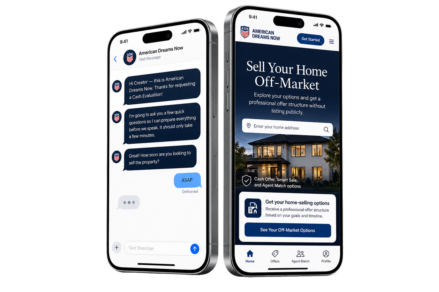 American Dreams Now on mobile - text conversation and property evaluation experience